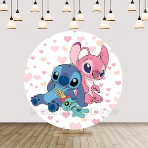 Lilo Stitch Round Backdrop Cover Baby Birthday Party Pink Hearts Circle Background Cartoon Background Kids Circle Cover Decor Studio Prop