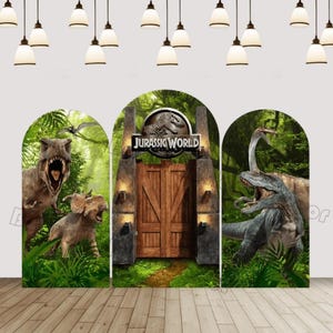 Foresta Jurassic Park Dinosaur Arch Sfondo Copertura Ragazzi Primo Compleanno Festa Decorazione Porta di Legno Chiara Parete Sfondo Decorazione Festa