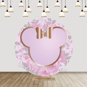 Sfondo rotondo con fiori rosa Minnie Head per bambine, neonato, festa di compleanno, sfondo fotografico in tessuto per baby shower, decorazione per cabina fotografica