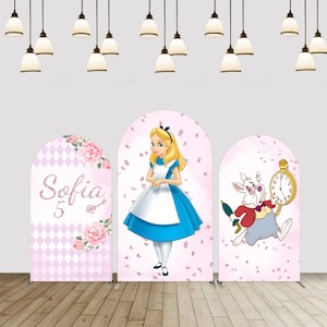 Cartoon Girl Alice Birthday Arch Cover Kids Baby Shower Pink Flower Chiara Arch Backdrop Party Photography Background Cover Decor