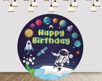 Achtergrond astronaut verjaardagsfeestje, ronde hoes ruimteplaneten