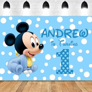 Baby 1e verjaardag achtergrond Kids Mickey Mouse blauw fotografie achtergronden baby douche pasgeboren partij vinyl afdrukken achtergrond fotostudio