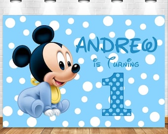 Fondo de Mickey Mouse para el primer cumpleaños, lunares azules