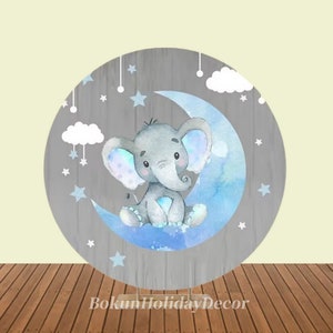 Little Elephant Grey Wood Round Photography Backdrop Cover Blue Stars Moon Clouds Circle Backdrop Baby Shower Party Photo Studio Prop