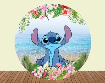 Cartoon Stitch Seaside Round Backdrop Cover Hawaii Newborn Birthday Party Photography Background Cloth Baby Shower Photo Booth Decoration