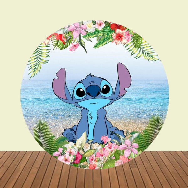 Cartoon Stitch Seaside Round Backdrop Cover Hawaii Newborn Birthday Party Photography Background Cloth Baby Shower Photo Booth Decoration