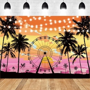 Fondo de fiesta de noria de verano, festival de música, hojas de palmera, fondo de puesta de sol, pancarta de cumpleaños para baby shower tropical, decoración de pared