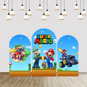 Copertina dello sfondo dell'arco della festa di compleanno dei ragazzi Super Mario Bros Sfondo fotografico Sfondo della parete ad arco per neonati Chiara Decorazioni per la doccia per bambini