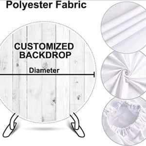 May include: A round, white polyester fabric backdrop with a wood grain design. The text 'CUSTOMIZED BACKDROP' is printed on the backdrop.  The backdrop is shown with a diameter measurement line. Close-up images show the fabric's texture and how it drapes. The backdrop has a stand for support.  Ideal for photography or events.