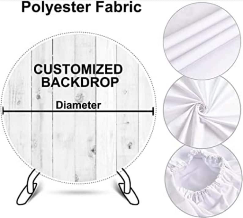 May include: A round, white polyester fabric backdrop with a wood grain design. The text 'CUSTOMIZED BACKDROP' is printed on the backdrop.  The backdrop is shown with a diameter measurement line. Close-up images show the fabric's texture and how it drapes. The backdrop has a stand for support.  Ideal for photography or events.