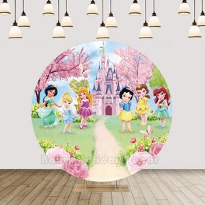 Cute Cartoon Princess Round Backdrop Cover For Girls Birthday Party Photography Background Baby Shower Circle Backdrop Cover Studio Decor