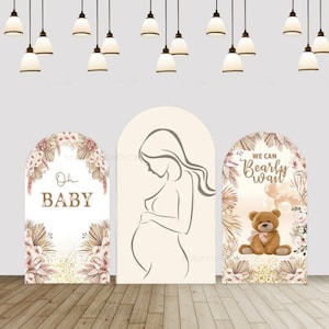 Kobieta w ciąży sylwetka ściana łuk pokrywa baby shower Chiara tło ujawnienie płci rocznica święto dzieci urodziny tło wystrój