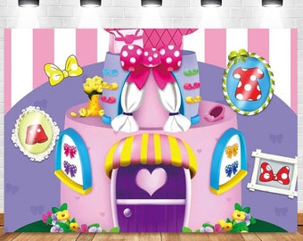 Pink Minnie Mouse Clubhouse Birthday Backdrop, Cartoon Photography Banner