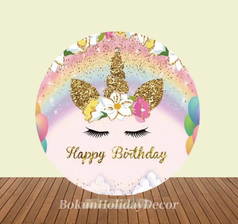 Rainbow Unicorn Glitter Round Birthday Backdrop Kit