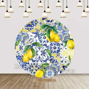 Lemon Round Arch Cover Blue And White Porcelain Circle Backdrop Photography Background Baby Shower Backdrop Cover Party Decor Props