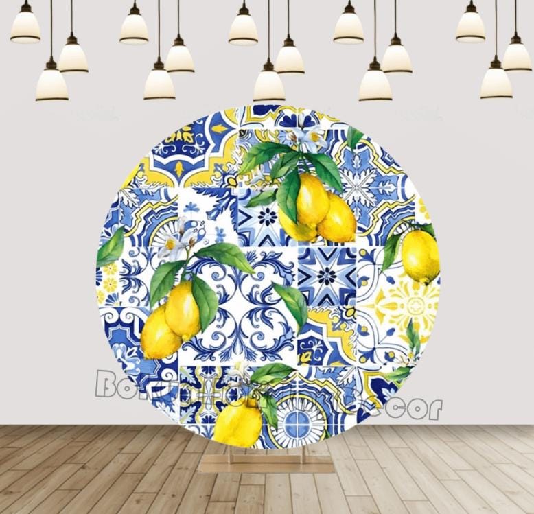 Lemon Round Arch Cover Blue And White Porcelain Circle Backdrop Photography Background Baby Shower Backdrop Cover Party Decor Props