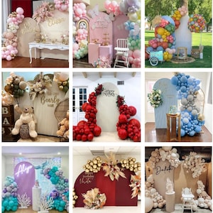 May include: A collection of party backdrops with balloon arches and decorative elements. Each backdrop features a unique design, including floral arrangements, text, and various color schemes. Some backdrops include tables, chairs, and cake stands, ideal for celebrations.
