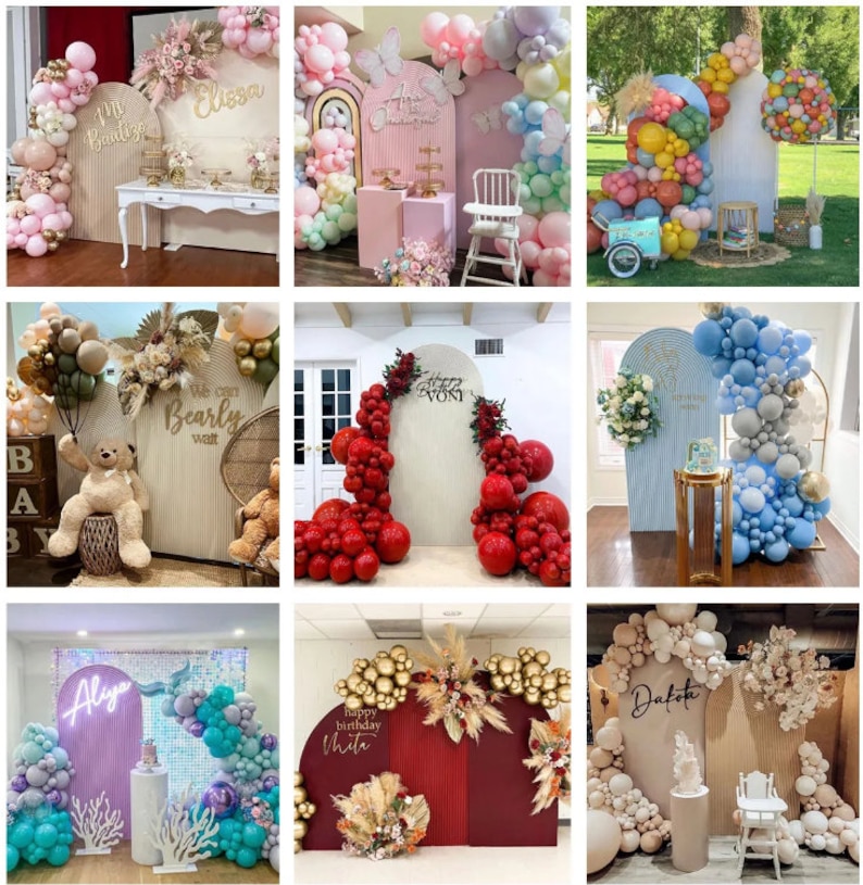 May include: A collection of party backdrops with balloon arches and decorative elements. Each backdrop features a unique design, including floral arrangements, text, and various color schemes. Some backdrops include tables, chairs, and cake stands, ideal for celebrations.