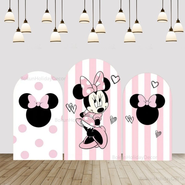 Minnie Mouse rose rayures arche toile de fond couverture nouveau-né filles arqué mur Chiara fond bébé 1er anniversaire décor Disney dessin animé arche couverture