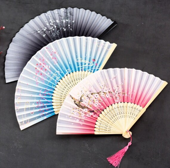 Personalized Silk Bamboo Handheld Folding Fans Flowers Fabric Hand
