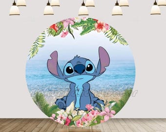 Cartoon Stitch Seaside Round Backdrop Cover Hawaii Newborn Birthday Party Photography Background Cloth Baby Shower Photo Booth Decoration