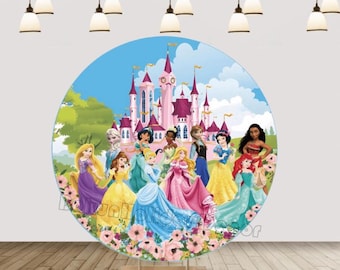 Cartoon Disney Princess Round Backdrop Cover Photo Photography Background Baby Shower Girls Birthday Circle Backdrop Cover Studio Decor