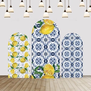 Lemon Bridal Shower Arch Backdrop Cover Blue Tiles Wedding Birthday Baby Shower Party Decor Chiara Arch Wall Background Two-sided