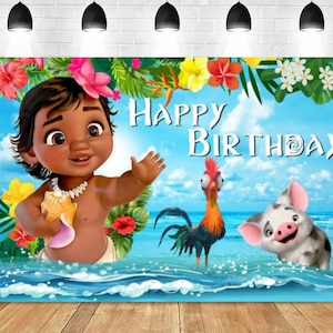 Baby Moana Achtergrond Baby 1e Verjaardagsfeestje Fotografieachtergrond Pasgeboren Vinyl Afdrukken Achtergrond Disney Cartoon Banner: