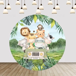 May include: A circular backdrop with a safari theme, depicting cartoon animals. A green jeep is in the foreground, carrying a lion, giraffe, tiger, zebra, elephant, hippo, and monkey. The word "SAFARI" is printed on the jeep.
