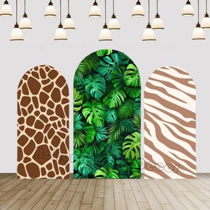Baby Wild One Arch Backdrop Cover Animals Texture Leopard Giraffe Zebra Pattern Safari Green Leaves Arch Backdrop for Birthday Double sided