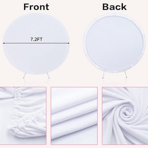 May include: White round backdrop stand, 7.2 ft diameter. Front and back views shown.  Close-ups highlight the fabric's texture and elasticated edge.  The backdrop is wrinkle-resistant and easy to set up for photography or events.