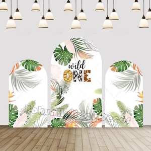 Wild One Arch Backdrop Cover Forest Green Leaves Safari Animals Arch Cover Kids 1st Birthday Party Decor Photo Background Cover Double sided