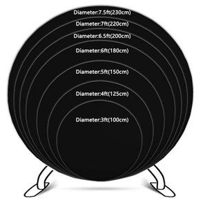 May include: A set of eight black circular felt tablecloths of varying diameters.  The diameters are clearly labeled in both feet and centimeters: 7.5ft(230cm), 7ft(220cm), 6.5ft(200cm), 6ft(180cm), 5ft(150cm), 4ft(125cm), and 3ft(100cm).  These tablecloths are ideal for events and parties.