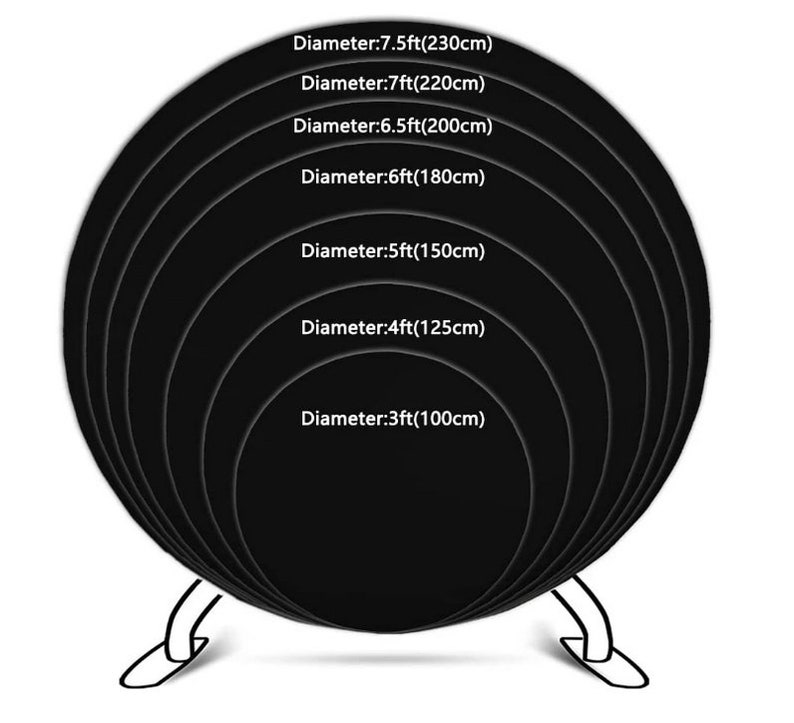 May include: A set of eight black circular felt tablecloths of varying diameters.  The diameters are clearly labeled in both feet and centimeters: 7.5ft(230cm), 7ft(220cm), 6.5ft(200cm), 6ft(180cm), 5ft(150cm), 4ft(125cm), and 3ft(100cm).  These tablecloths are ideal for events and parties.