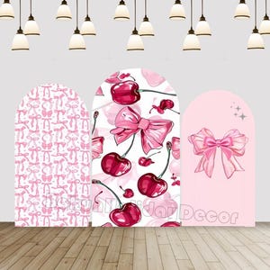 Pink Bow Ribbon Cherry Arch Backdrop Cover Girls Baby Shower Chiara Arch Wall Child Birthday Party Photo Backdrop Banner Fabric Double-sided