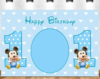 Fondo de Mickey Mouse para el primer cumpleaños, accesorio fotográfico de vinilo azul claro