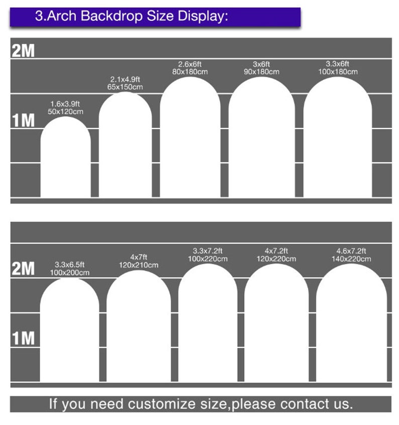 May include: Diagram showing arch backdrop size options. Sizes include 1.6x3.9ft, 2.1x4.9ft, 2.6x6ft, 3x6ft, 3.3x6ft, 3.3x6.5ft, 4x7ft, 3.3x7.2ft, 4x7.2ft, and 4.6x7.2ft. The text at the top says "3.Arch Backdrop Size Display:" and at the bottom "If you need customize size, please contact us."
