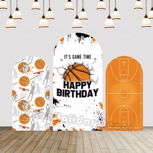 Arco de cumpleaños para niño, diseño de baloncesto deportivo, color naranja y negro, con salpicaduras, para cancha de baloncesto, decoración para fiesta de estrellas deportivas, arco de Chiara