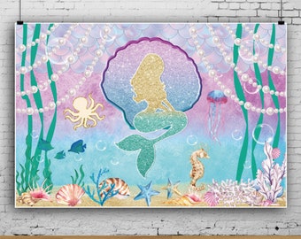 Fondo de cumpleaños de sirena, cabina de fotos del mundo submarino (vinilo)