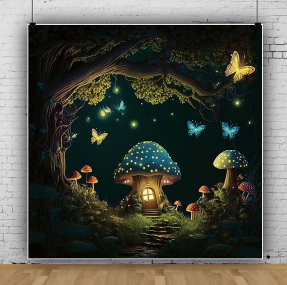 Toile De Fond Forêt Enchantée Conte De Fées 2.1x1.5m - Champignons Papillons Fleurs - Coton Lavable - Photographie Bébé Enfant