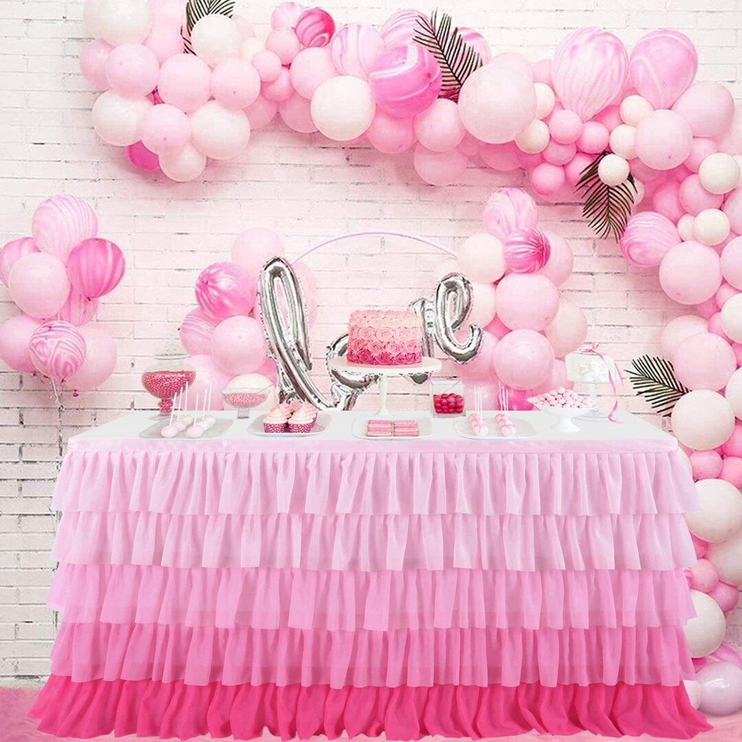 Pink Gradient Table Skirt Tier Tablecloth Chiffon Princess Table