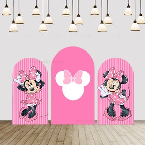Fondo de arco rosa de Minnie Mouse, cubierta de pared arqueada para cumpleaños de niños, fondo de Chiara, cubierta de arco de dibujos animados para baby shower, decoración de fiesta