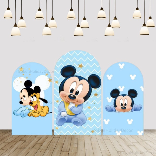 Baby Mickey Mouse Blue Arch Backdrop Cover Newborn Boys Arched Wall Chiara Background Baby 1st Birthday Decor Disney Cartoon Arch Cover