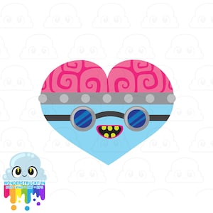 May include: A blue heart-shaped character with a pink brain, silver goggles, and a yellow smile. The character is surrounded by white clouds.