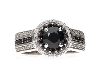 14k svart & vit diamantring med dubbel halo, storlek 8, statementring