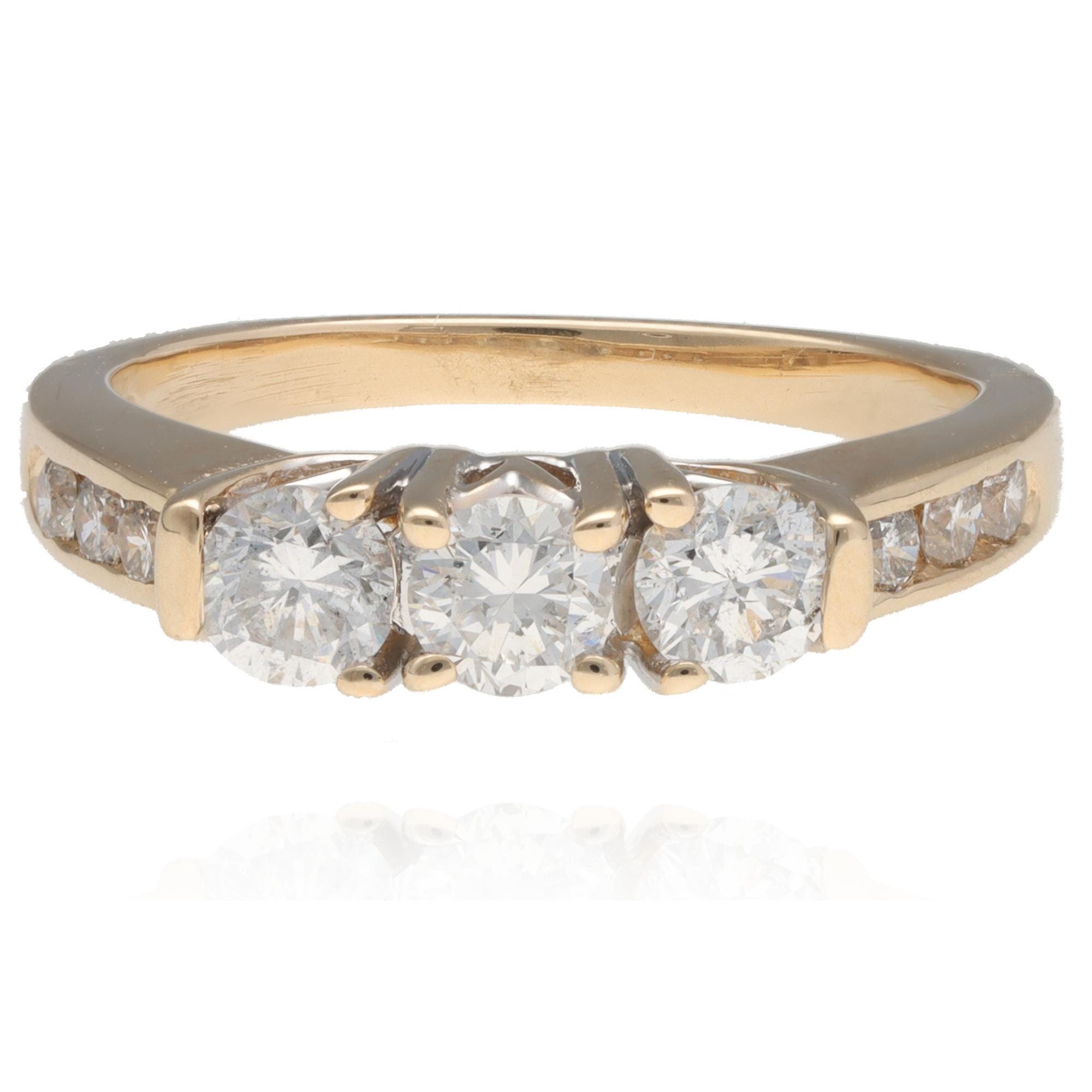 14k Yellow Gold Three Stone Diamond Ring 0.90ctw Round Diamonds Size 7 ...