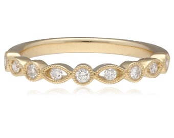 14K Yellow Gold Diamond Milgrain Band .19ctw Vintage Style Size 6 Ring  2.1gram