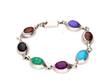 Sterling Silver Multi Gemstone Link Bracelet Bold Colorful Statement 31.4g