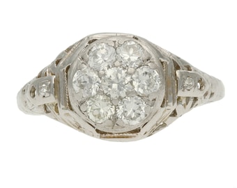 Anillo de compromiso Art Déco con filigrana de diamantes vintage en oro blanco, con diamantes redondos de 14 quilates (0,50 cts) y talla 6,75.