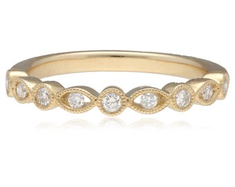 14K Yellow Gold Diamond Milgrain Band .19ctw Vintage Style Size 6 Ring  2.1gram